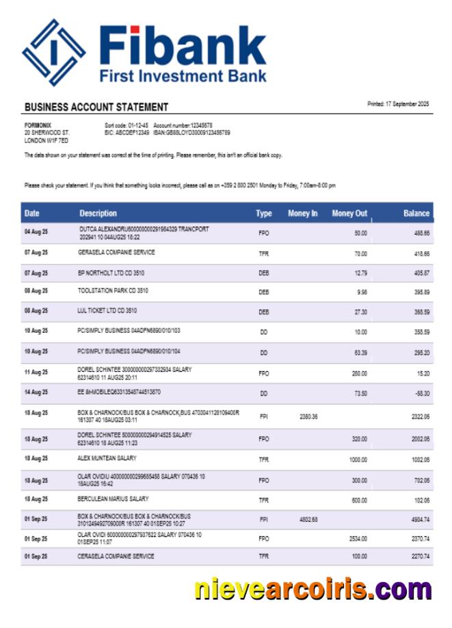 Fibank bank business bank statement